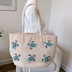NWT Viral Tik Tok Beaded Sea Turtle Canvas Summer Beach Tote Bag Handcrafted